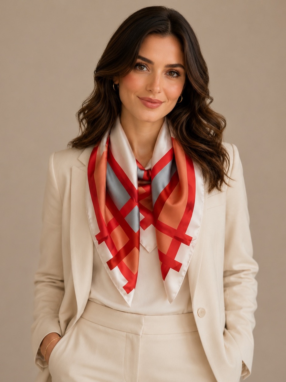 Silk-Look Red & Coral Geometric Square Scarf